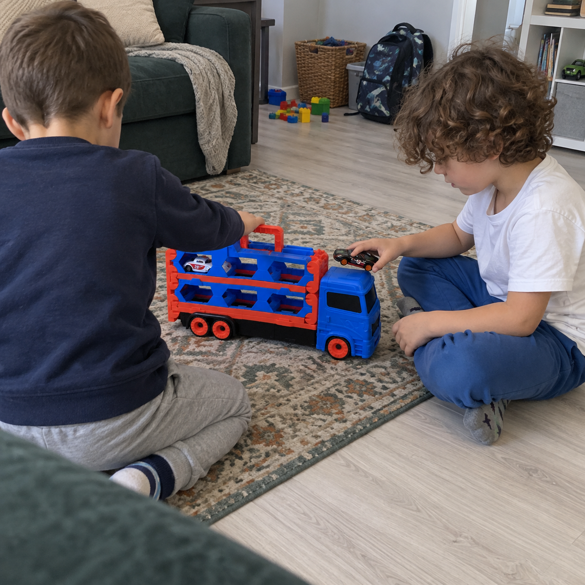 Imagen ilustrativa generada con IA: dos niños jugando con el camión azul y rojo