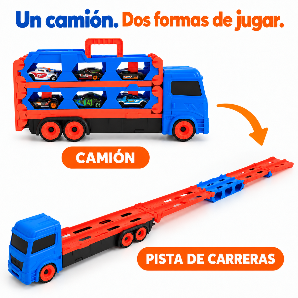 Camión DSUE P145 azul y rojo cerrado y desplegado como pista